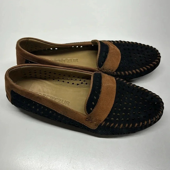Robert Zur Penny Loafers Slip On Driving Moccasins Shoes Suede Black Tan US 8.5 - Picture 3 of 11